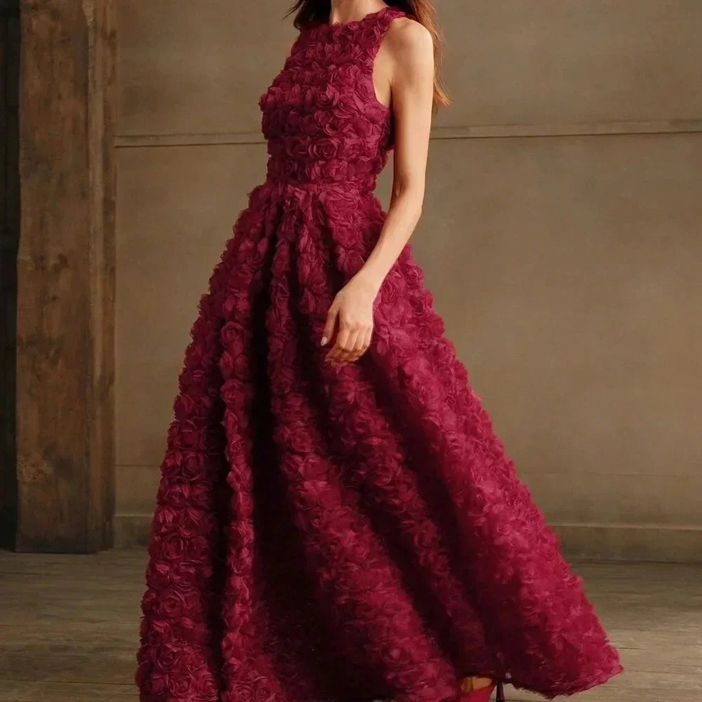 Red Elegant Women's Rose Floral Embellished Sleeveless Woven Formal Dress